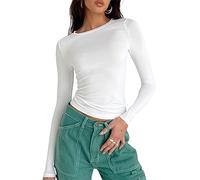 Women's Long Sleeve Crop Top - Skin Tight Fitting Crew Neck T-Shirt, Stretch Slim Fit Basic Y2K Aesthetic Going Out Clothes (A 01- White, M)