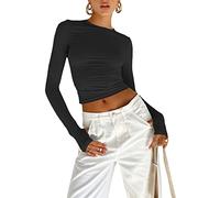 Women's Long Sleeve Crop Top - Skin Tight Fitting Crew Neck T-Shirt, Stretch Slim Fit Basic Y2K Aesthetic Going Out Clothes (B 01- Thumb Hole Black, M)