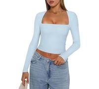 Women's Long Sleeve Crop Tops Sexy Square Neck Low-Cut Y2K Basic Slim Fit Summer Going Out Tops for Teen Girls (Sky Blue, L)