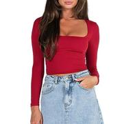 Women's Long Sleeve Crop Tops Sexy Square Neck Low-Cut Y2K Basic Slim Fit Summer Going Out Tops for Teen Girls (Red, M)