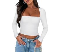 Women's Long Sleeve Crop Tops Sexy Square Neck Low-Cut Y2K Basic Slim Fit Summer Going Out Tops for Teen Girls (White, L)
