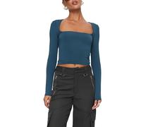 Women's Long Sleeve Crop Tops Sexy Square Neck Low-Cut Y2K Basic Slim Fit Summer Going Out Tops for Teen Girls (Navy Blue, S)