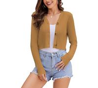 Women's Long Sleeve Cropped Cardigan Sweaters V Neck Solid Button Down Knit Bolero Shrugs Brown