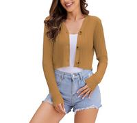 Women's Long Sleeve Cropped Cardigan Sweaters V Neck Solid Button Down Knit Bolero Shrugs Brown