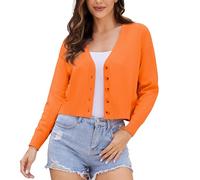 Women's Long Sleeve Cropped Cardigan Sweaters V Neck Solid Button Down Knit Bolero Shrugs Orange