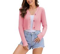 Women's Long Sleeve Cropped Cardigan Sweaters V Neck Solid Button Down Knit Bolero Shrugs Pink