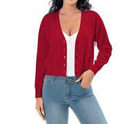 Women's Long Sleeve Cropped Cardigan Sweaters V Neck Solid Button Down Knit Bolero Shrugs Red