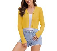 Women's Long Sleeve Cropped Cardigan Sweaters V Neck Solid Button Down Knit Bolero Shrugs Yellow