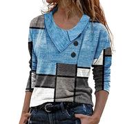 Women's Long Sleeve Cross Collar V-Neck Geometry T-Shirt Button Neck Pullover Tops Casual Comfortable T-Shirt Blouse Neon Colour Clothing, lightblue, XXL