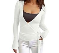 Women's Long Sleeve Deep V Top Sexy Cross Style Solid Colour Chic and Elegant Casual Slim Fit Lightweight Soft Comfortable Top for Yoga Dance Shirt