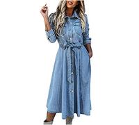 Women's Long Sleeve Denim Dress, Casual Slim-Fit Button V-Neck Midi Dresses with Collar & Pockets, Summer Blue Jean Shirt Dresses for Ladies UK