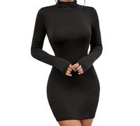 Women's Long Sleeve Dress, Mock Neck Elastic Mini Cocktail Dress, Sexy Black Slim Fit Solid Spring Autumn Winter Dresses, Skinny A-Line Knee-Length Basic Bodycon Wrap Dresses for Party Club Leisure