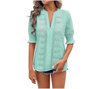 Women's Long Sleeve Dress Shirt Regular Fit Puff Sleeve Tops for Women Hollow Out Notched Collar Blouses Summer V Neck Vacation Beach Cover Ups T Shirts for Indoor Outdoor Work or Daily (Green, XXL)