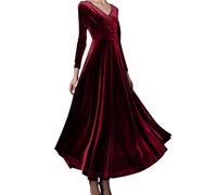 Women's Long Sleeve Evening Dress, Maxi V-Neck Velvet Party Dress, A-Line Cocktail Dress, Elegant Sexy Dress, High Waist Bodycon Ball Dresses for Autumn, Winter, Tunic Dress, Swing Dresses, Wine Red,
