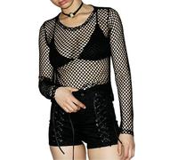 Womens Long Sleeve Fishnet Top T Shirt Ladies Round Neck Oversized Summer Wear See Through Casual Party Tees Mesh Top Black