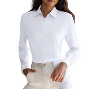 Women's Long Sleeve Fitted Button Down Shirt, Non-Iron Wrinkle-Resistant Stretch Blouse for Business Casual Office Work, Professional Dress Tops with Single Cuff (White, L)