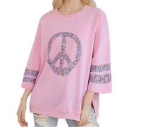 Women's Long Sleeve Floral Peace Deep Shoulder Crew Neck Casual Pullover Top Blouse Short Sleeve Women, pink, L