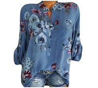 Women's Long Sleeve Floral Shirt - Blouse - Women's Mao Collar - Button Tee Shirt Large Size Pocket Top Casual Fashion Classic Beach Tops Casual Slim Fit Tunic Simplicity, Blue, 5X-Large