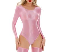 Women's Long Sleeve Glossy Leotard, Sexy Shiny Crew Neck High Cut One Piece Bodysuit, Stretchy Solid Sparkle Dance Jumpsuit, Slim Fit Mesh See Through Leotard for Training Swimwear Yoga Gym Workout