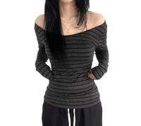 Womens Long Sleeve Grunge Aesthetic Shirts Striped Off Shoulder Tops Teen Girls Alt Emo Goth Streetwear Y2k Clothes, Dark Grey, L