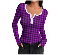 Women's Long Sleeve Henley Top Casual Button Down Tunic Blouse Ribbed Slim Fit Y2K Lace Patchwork Pullover Plaid Long Sleeve Shirt, Purple, S