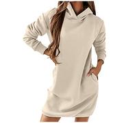 Women's Long Sleeve Hooded Hoodies Sweatshirts with Pockets Solid Winter Warm Sweater Dress Casual Maxi Plus Size Sweater Dress Versatile Basic Hooded Hoodies Dress for Daily Holiday Travel Beige