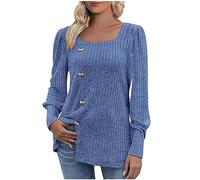 Women's Long Sleeve Jumpers UK, Ladies Lightweight Jumper Square Neck Button Sides Tunic Comfy Sweaters Casual Curved Hem Loose Casual Fall Knitted Sweater Shirts for Leggings Workwear Blue