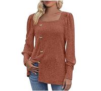 Women's Long Sleeve Jumpers UK, Ladies Lightweight Jumper Square Neck Button Sides Tunic Comfy Sweaters Casual Curved Hem Loose Casual Fall Knitted Sweater Shirts for Leggings Workwear Coffee