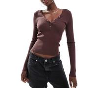 Women's Long Sleeve Knit Shirts Button V Neck Slim Fit Ribbed Trendy Basic T Shirt Y2K Teen Knit Henley Shirts (A-Dark Brown, S)