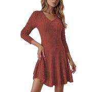 Women's Long Sleeve Knitted Dress with V-Neck and A-line - Bodycon Mini Dress in Rib Knit Look Elegant and Comfortable Dress for Autumn and Winter, Style_p07 Red, XXL