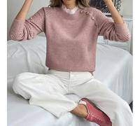 Women's Long Sleeve Knitted Pullover Sweater with Diagonal Shoulder Button, Elegant Lace Round Neck Casual Top for Holiday Party Daily Wear(L Pink)