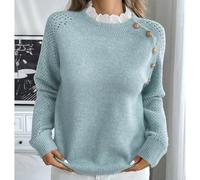 Women's Long Sleeve Knitted Pullover Sweater with Diagonal Shoulder Button, Elegant Lace Round Neck Casual Top for Holiday Party Daily Wear(XL Green)