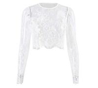 Womens Long Sleeve Lace Mesh Sheer Tops Floral Embroidered Mesh Overlay Summer Sexy Skinny Blouse Tee Shirts Going Out Mock Neck Slimming Crop See Through Crop Top Lace Overlay White