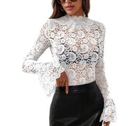 Women's Long Sleeve Lace Mesh Tops High Neck Sheer Blouse Sexy Floral Going Out Top, White, L