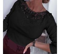 Women's Long Sleeve Lace Patchwork T-Shirt Round Neck For Semi-Transparent Blouse Casual Solid Color Top for Daily Wear and Dates(S Black)