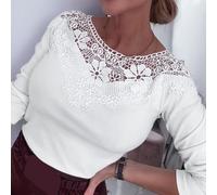 Women's Long Sleeve Lace Patchwork T-Shirt Round Neck For Semi-Transparent Blouse Casual Solid Color Top for Daily Wear and Dates(L White)