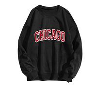 Womens Long Sleeve Loose Fit Sweatshirts Y2K Fall Chicago Outfits Thin Solid Crew Neck Letter Relaxed Fit Graphic Hoodies Workou Personalized 2025 Cute Crewneck Sweatshirts Aesthetic Black