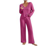 Womens Long Sleeve Loungewear Ladies 2 Piece Co Ord Set Ribbed Knit Tracksuit Sets V Neck Sweatshirt and Baggy Wide Leg Jogger Pant Suits Loose Activewear Fashion Casual Sweatsuits Yoga Gym Wear