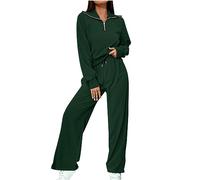 Womens Long Sleeve Loungewear Ladies Two Piece Co ord Set Tracksuit Half Zip Sweatshirt and Drawstring Baggy Wide Leg Jogger Pant Suit Loose Activewear Fashion Casual Sportwear Leggings Yoga Gym Wear
