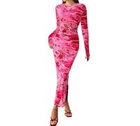 Women's Long Sleeve Maxi Dress Fall Fashion Floral Bodycon Mesh Ruched Long Dress Party Cocktail Wedding Guest Formal Dresses, Pink, L