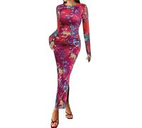 Women's Long Sleeve Maxi Dress Fall Fashion Floral Bodycon Mesh Ruched Long Dress Party Cocktail Wedding Guest Formal Dresses, Colorful Purple, XL