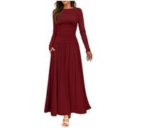 Womens Long Sleeve Maxi Dress Pleated Flowy Long Dresses with Pockets Ladies Spring Autumn Casual Dresses Slim Crew Neck Solid Color Elegant Dress for Daily Holiday Travel Party Wine