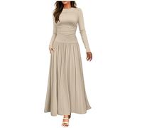 Womens Long Sleeve Maxi Dress Pleated Flowy Long Dresses with Pockets Ladies Spring Autumn Casual Dresses Slim Crew Neck Solid Color Elegant Dress for Daily Holiday Travel Party Beige