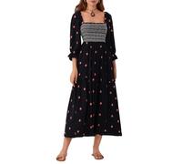 Women's Long Sleeve Maxi Dress Square Neck Flower Embroidered Backless Bohemian Flowy Dress Elegant Beach Long Dress (A-Black, L)