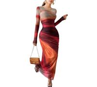 Women's Long Sleeve Maxi Dress Tie Dye Floral Printed Bodycon Ruched Long Dress Mesh Layered Elegant Outfits, Red-tie Dye, L