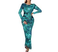 Women's Long Sleeve Maxi Dress Tie Dye Floral Printed Bodycon Ruched Long Dress Mesh Layered Elegant Outfits, Blue Green-floral, S