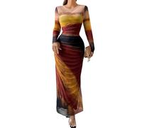 Women's Long Sleeve Maxi Dress Tie Dye Floral Printed Bodycon Ruched Long Dress Mesh Layered Elegant Outfits, Khaki-tie Dye, L