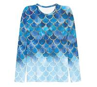 Women's Long Sleeve Mermaid Pattern Top with Blue Scales Print and Gold Accents | Figure-hugging Shirt in Fantasy Style, style_h01 blue, M