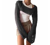 Womens Long Sleeve Mesh Crochet Cropped Knit Sweaters Sexy Y2K Hollow Out See Through Crop Tops Lightweight Summer Casual Beach Bikini Cover Ups Fishnet Knitwear Jumpers Tops 90s E-Girl Streetwear
