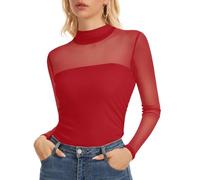 Womens Long Sleeve Mesh Top Mock Neck Sheer Shirt See Through Blouse | soft and stretchy double-layer mesh fabric, elegant slim fit, chic and feminine touch, stylish ruched blouse for streetwear
